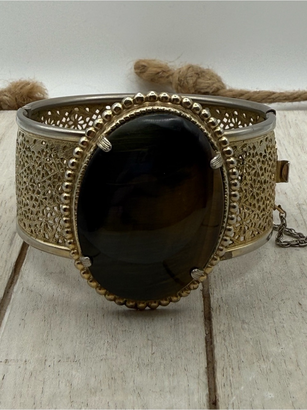 Large Gold Filigree Cuff Bracelet with Large Brown tiger eye Stone